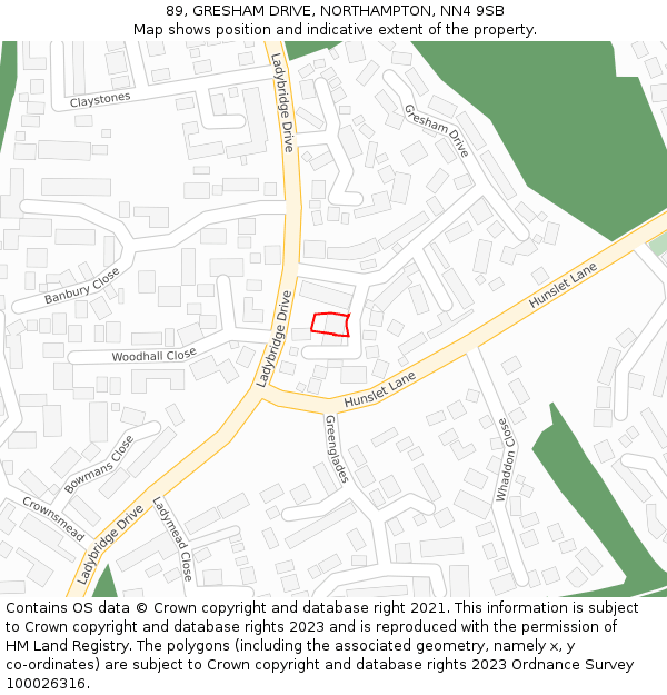 89, GRESHAM DRIVE, NORTHAMPTON, NN4 9SB: Location map and indicative extent of plot