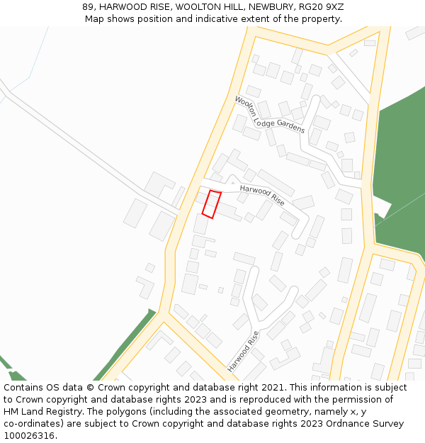 89, HARWOOD RISE, WOOLTON HILL, NEWBURY, RG20 9XZ: Location map and indicative extent of plot