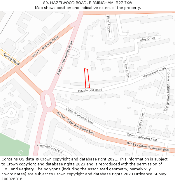 89, HAZELWOOD ROAD, BIRMINGHAM, B27 7XW: Location map and indicative extent of plot