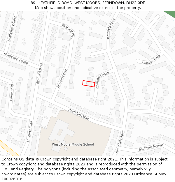 89, HEATHFIELD ROAD, WEST MOORS, FERNDOWN, BH22 0DE: Location map and indicative extent of plot