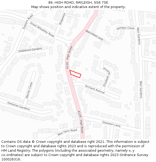 89, HIGH ROAD, RAYLEIGH, SS6 7SE: Location map and indicative extent of plot