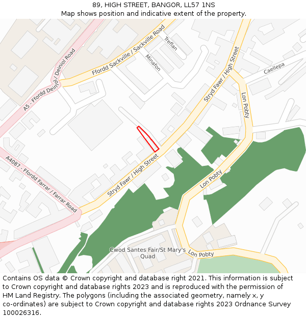89, HIGH STREET, BANGOR, LL57 1NS: Location map and indicative extent of plot