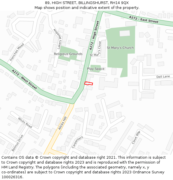89, HIGH STREET, BILLINGSHURST, RH14 9QX: Location map and indicative extent of plot