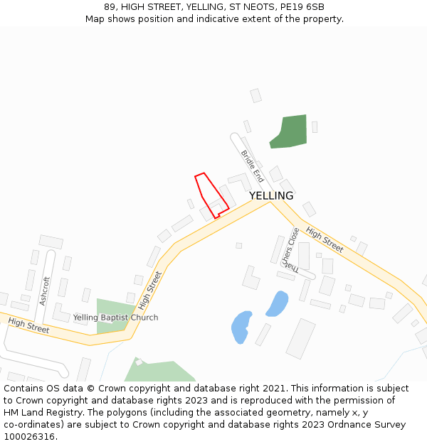 89, HIGH STREET, YELLING, ST NEOTS, PE19 6SB: Location map and indicative extent of plot