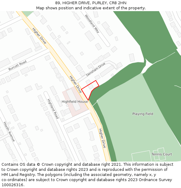 89, HIGHER DRIVE, PURLEY, CR8 2HN: Location map and indicative extent of plot