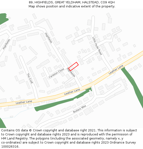 89, HIGHFIELDS, GREAT YELDHAM, HALSTEAD, CO9 4QH: Location map and indicative extent of plot