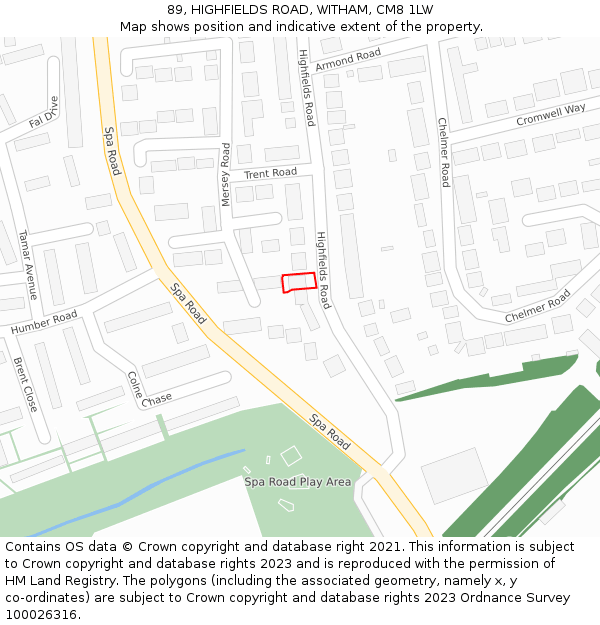 89, HIGHFIELDS ROAD, WITHAM, CM8 1LW: Location map and indicative extent of plot