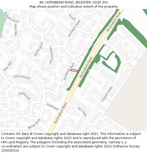 89, HORNBEAM ROAD, BICESTER, OX26 3YH: Location map and indicative extent of plot