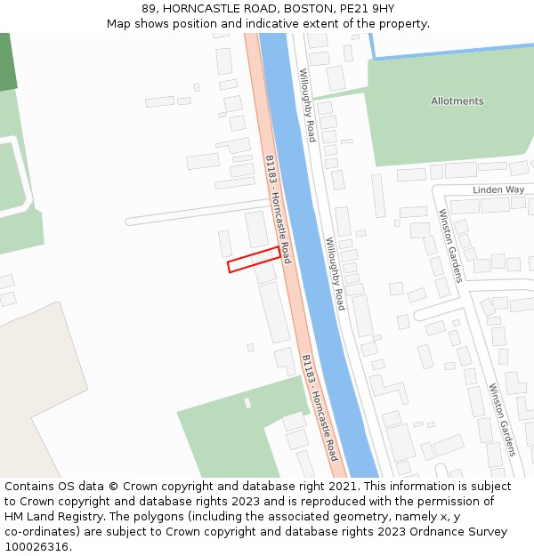 89, HORNCASTLE ROAD, BOSTON, PE21 9HY: Location map and indicative extent of plot