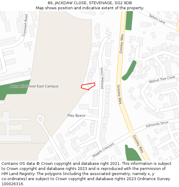 89, JACKDAW CLOSE, STEVENAGE, SG2 9DB: Location map and indicative extent of plot