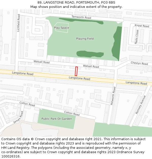 89, LANGSTONE ROAD, PORTSMOUTH, PO3 6BS: Location map and indicative extent of plot