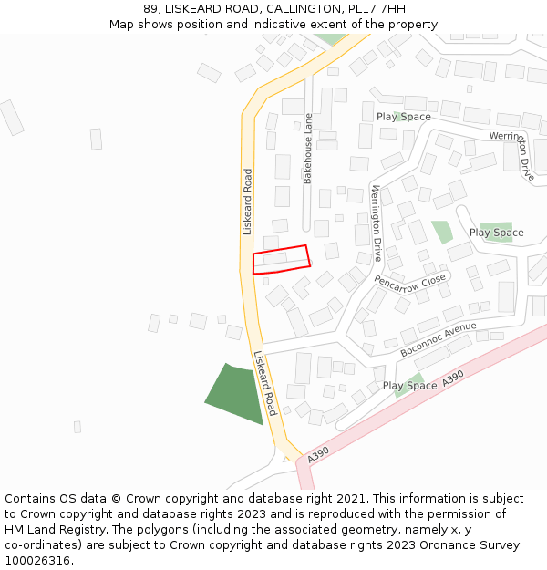 89, LISKEARD ROAD, CALLINGTON, PL17 7HH: Location map and indicative extent of plot