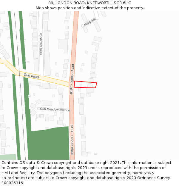 89, LONDON ROAD, KNEBWORTH, SG3 6HG: Location map and indicative extent of plot