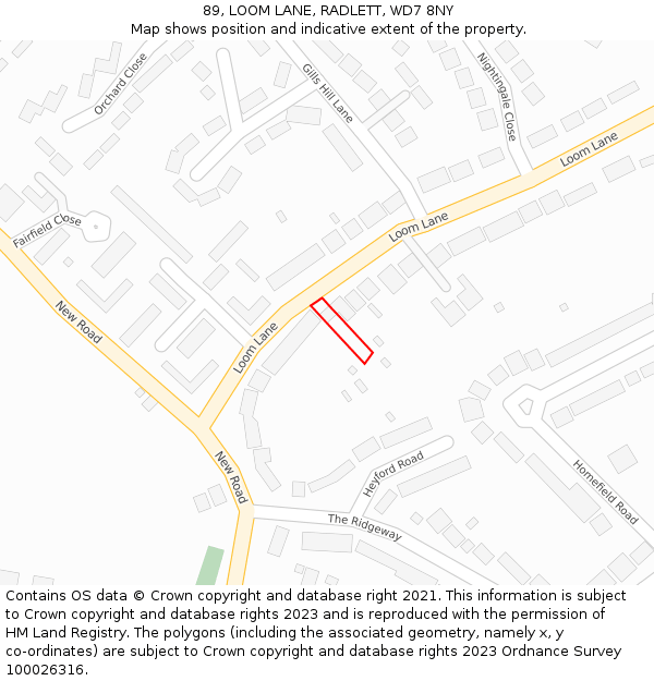 89, LOOM LANE, RADLETT, WD7 8NY: Location map and indicative extent of plot