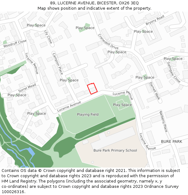 89, LUCERNE AVENUE, BICESTER, OX26 3EQ: Location map and indicative extent of plot