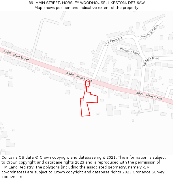 89, MAIN STREET, HORSLEY WOODHOUSE, ILKESTON, DE7 6AW: Location map and indicative extent of plot