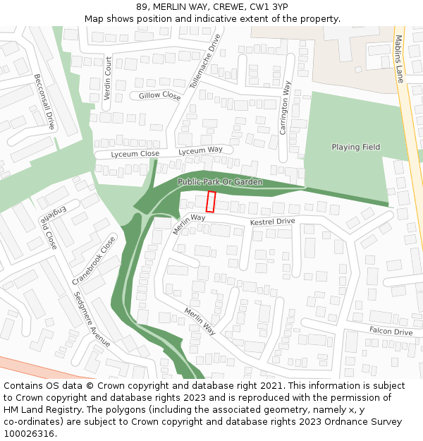 89, MERLIN WAY, CREWE, CW1 3YP: Location map and indicative extent of plot