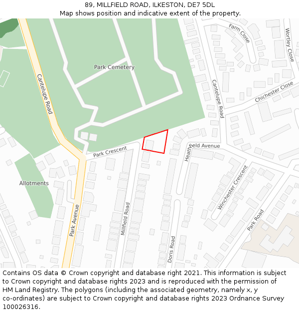 89, MILLFIELD ROAD, ILKESTON, DE7 5DL: Location map and indicative extent of plot