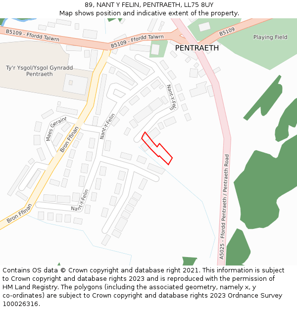 89, NANT Y FELIN, PENTRAETH, LL75 8UY: Location map and indicative extent of plot