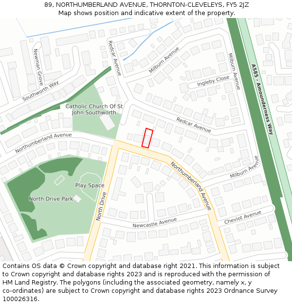 89, NORTHUMBERLAND AVENUE, THORNTON-CLEVELEYS, FY5 2JZ: Location map and indicative extent of plot