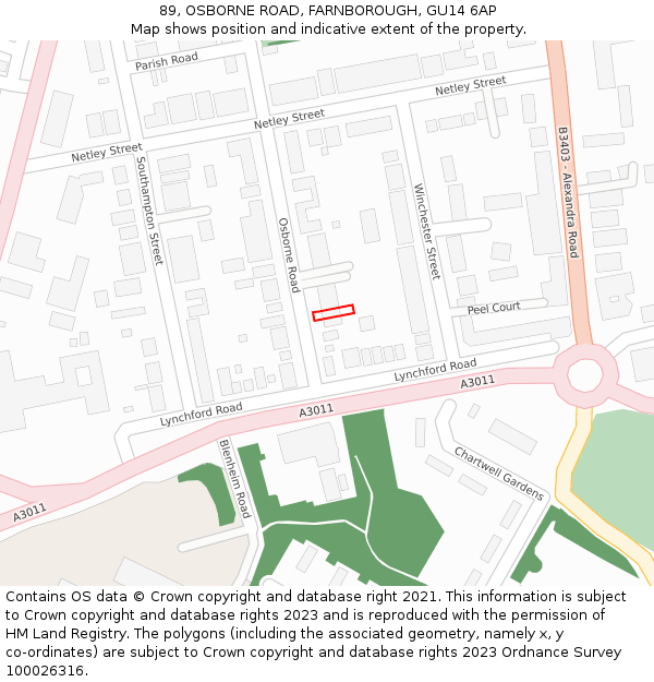 89, OSBORNE ROAD, FARNBOROUGH, GU14 6AP: Location map and indicative extent of plot