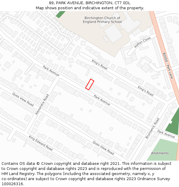 89, PARK AVENUE, BIRCHINGTON, CT7 0DL: Location map and indicative extent of plot