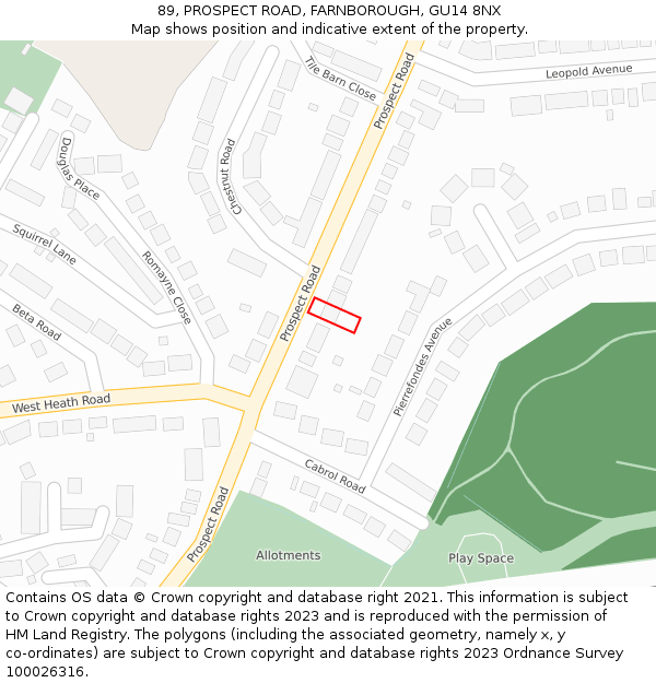 89, PROSPECT ROAD, FARNBOROUGH, GU14 8NX: Location map and indicative extent of plot