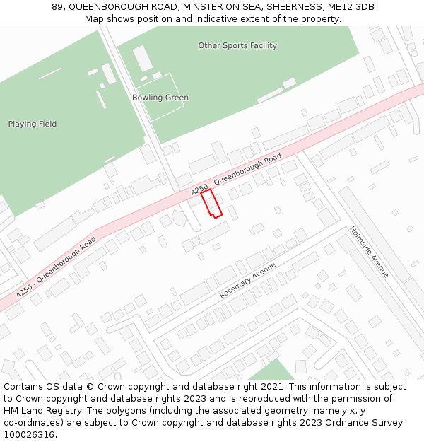 89, QUEENBOROUGH ROAD, MINSTER ON SEA, SHEERNESS, ME12 3DB: Location map and indicative extent of plot