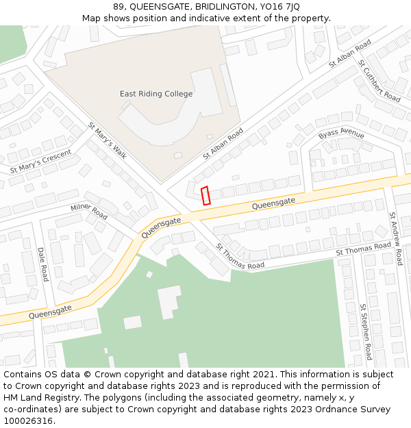 89, QUEENSGATE, BRIDLINGTON, YO16 7JQ: Location map and indicative extent of plot