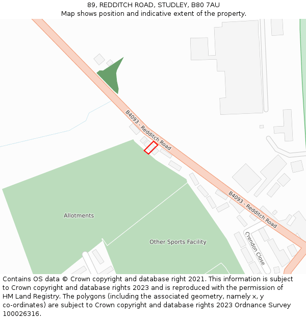 89, REDDITCH ROAD, STUDLEY, B80 7AU: Location map and indicative extent of plot