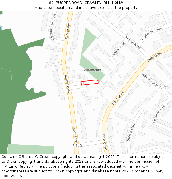 89, RUSPER ROAD, CRAWLEY, RH11 0HW: Location map and indicative extent of plot