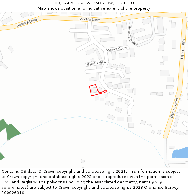 89, SARAHS VIEW, PADSTOW, PL28 8LU: Location map and indicative extent of plot