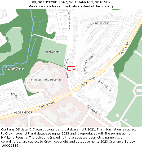 89, SPRINGFORD ROAD, SOUTHAMPTON, SO16 5HX: Location map and indicative extent of plot