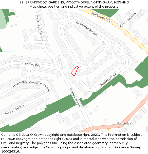 89, SPRINGWOOD GARDENS, WOODTHORPE, NOTTINGHAM, NG5 4HD: Location map and indicative extent of plot