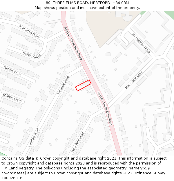 89, THREE ELMS ROAD, HEREFORD, HR4 0RN: Location map and indicative extent of plot
