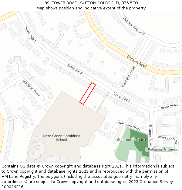 89, TOWER ROAD, SUTTON COLDFIELD, B75 5EQ: Location map and indicative extent of plot