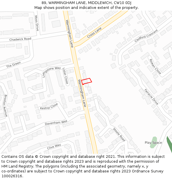 89, WARMINGHAM LANE, MIDDLEWICH, CW10 0DJ: Location map and indicative extent of plot