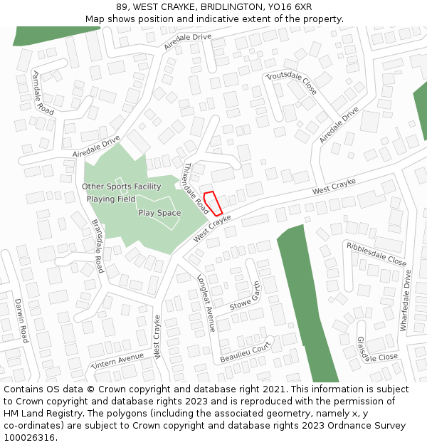 89, WEST CRAYKE, BRIDLINGTON, YO16 6XR: Location map and indicative extent of plot