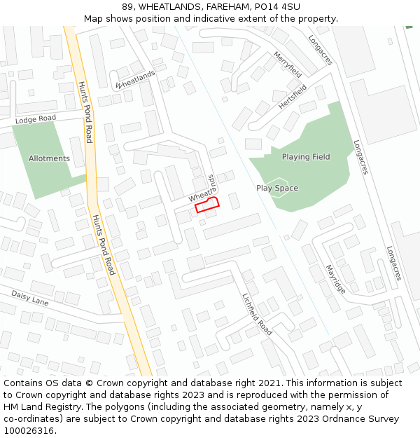 89, WHEATLANDS, FAREHAM, PO14 4SU: Location map and indicative extent of plot