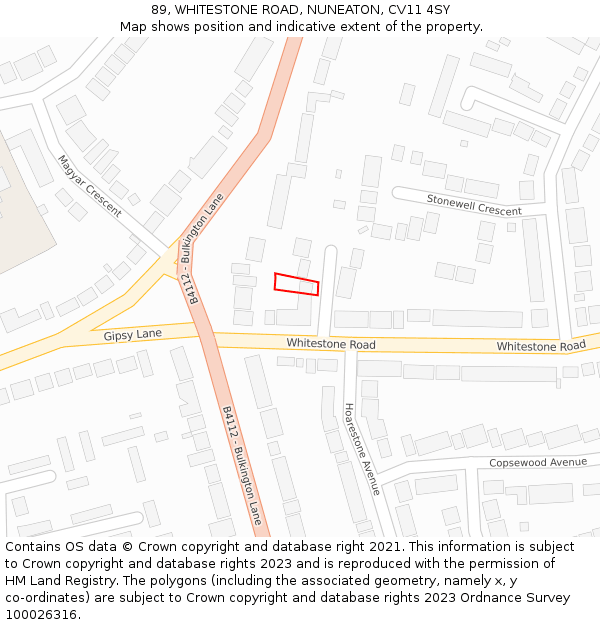 89, WHITESTONE ROAD, NUNEATON, CV11 4SY: Location map and indicative extent of plot