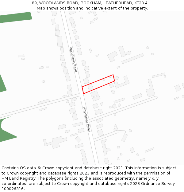 89, WOODLANDS ROAD, BOOKHAM, LEATHERHEAD, KT23 4HL: Location map and indicative extent of plot