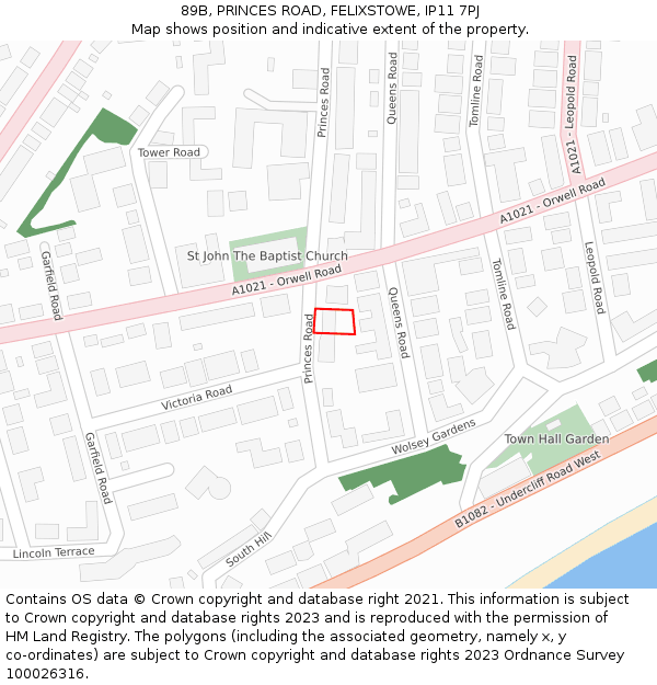 89B, PRINCES ROAD, FELIXSTOWE, IP11 7PJ: Location map and indicative extent of plot