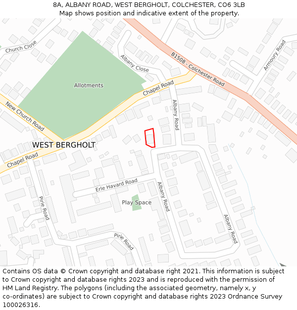 8A, ALBANY ROAD, WEST BERGHOLT, COLCHESTER, CO6 3LB: Location map and indicative extent of plot