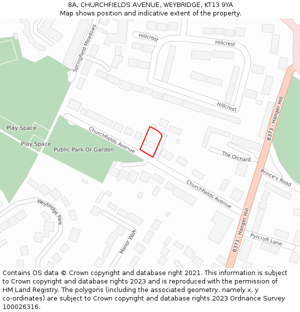 8A, CHURCHFIELDS AVENUE, WEYBRIDGE, KT13 9YA: Location map and indicative extent of plot