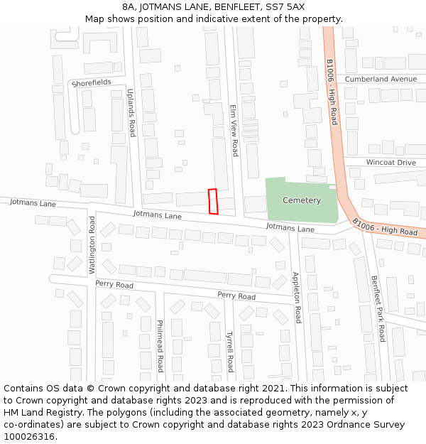 8A, JOTMANS LANE, BENFLEET, SS7 5AX: Location map and indicative extent of plot