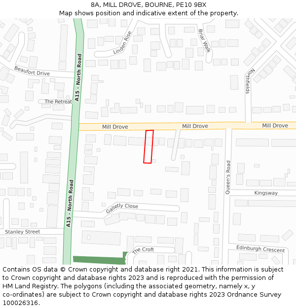 8A, MILL DROVE, BOURNE, PE10 9BX: Location map and indicative extent of plot