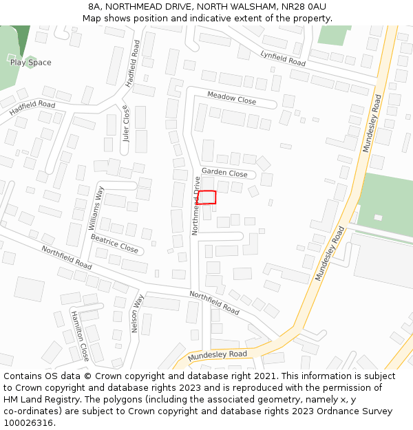 8A, NORTHMEAD DRIVE, NORTH WALSHAM, NR28 0AU: Location map and indicative extent of plot