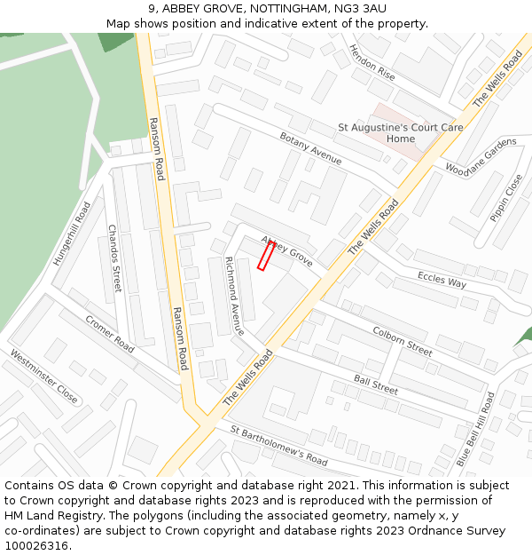 9, ABBEY GROVE, NOTTINGHAM, NG3 3AU: Location map and indicative extent of plot