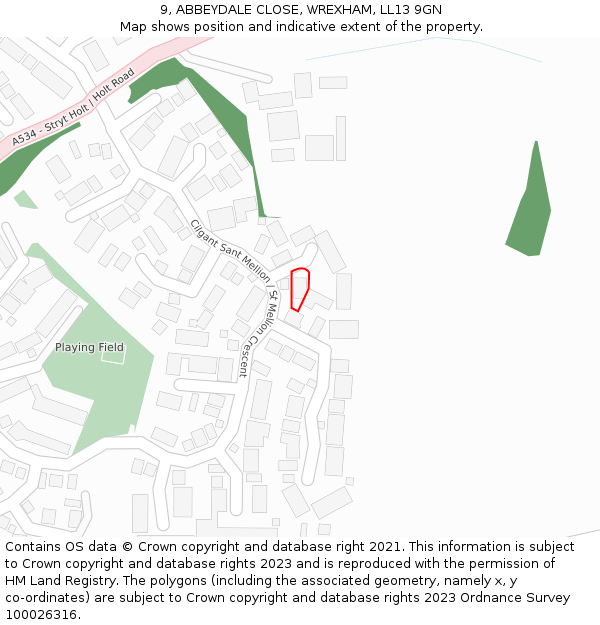 9, ABBEYDALE CLOSE, WREXHAM, LL13 9GN: Location map and indicative extent of plot