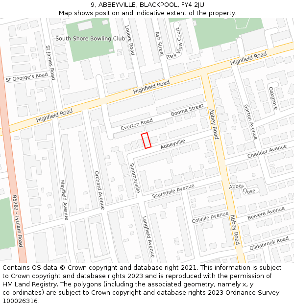 9, ABBEYVILLE, BLACKPOOL, FY4 2JU: Location map and indicative extent of plot